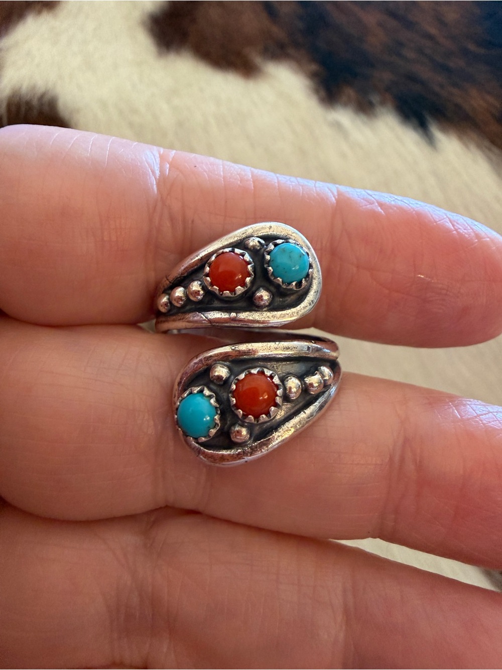 ❤️ Signed Native Running Bear Snake Eyes Bypass Turquoise & Coral Sterling Ring